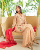 Ready To Wear Peach Silk Embroidery Work Palazo Suit With Red Dupatta