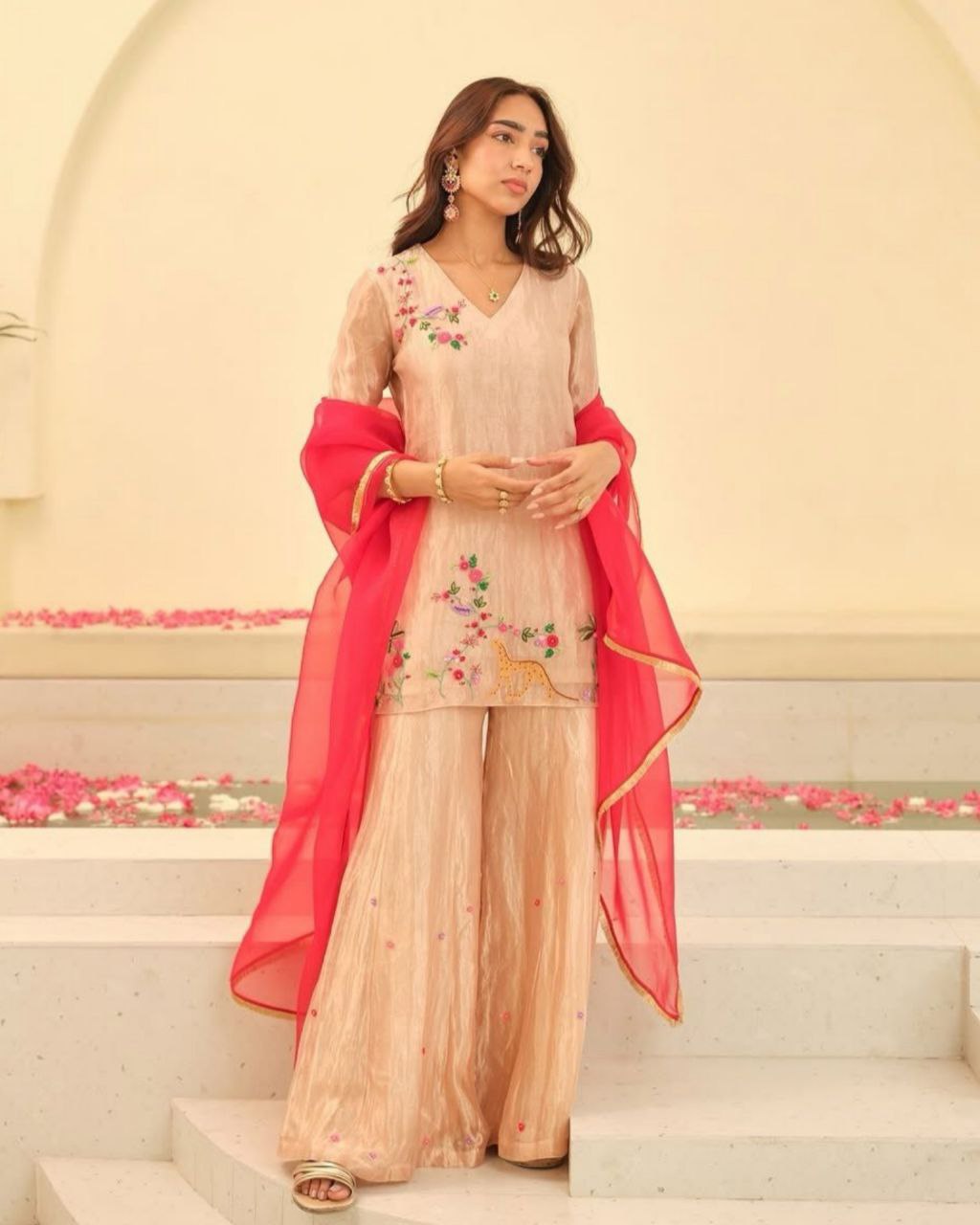 Ready To Wear Peach Silk Embroidery Work Palazo Suit With Red Dupatta