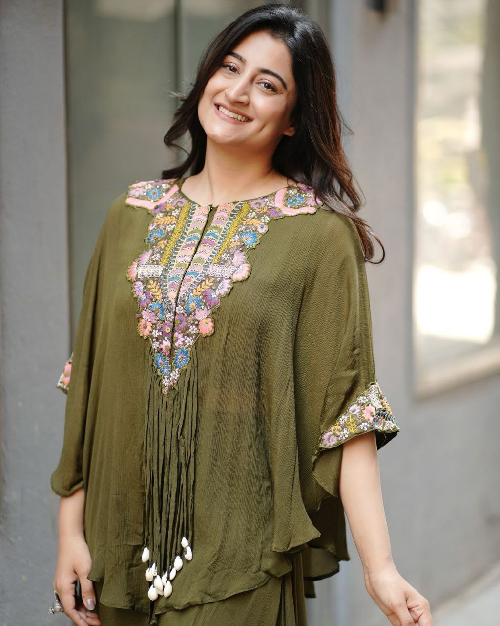 Ready To Wear Olive Green Chinon Embroidery Work Palazo With Top