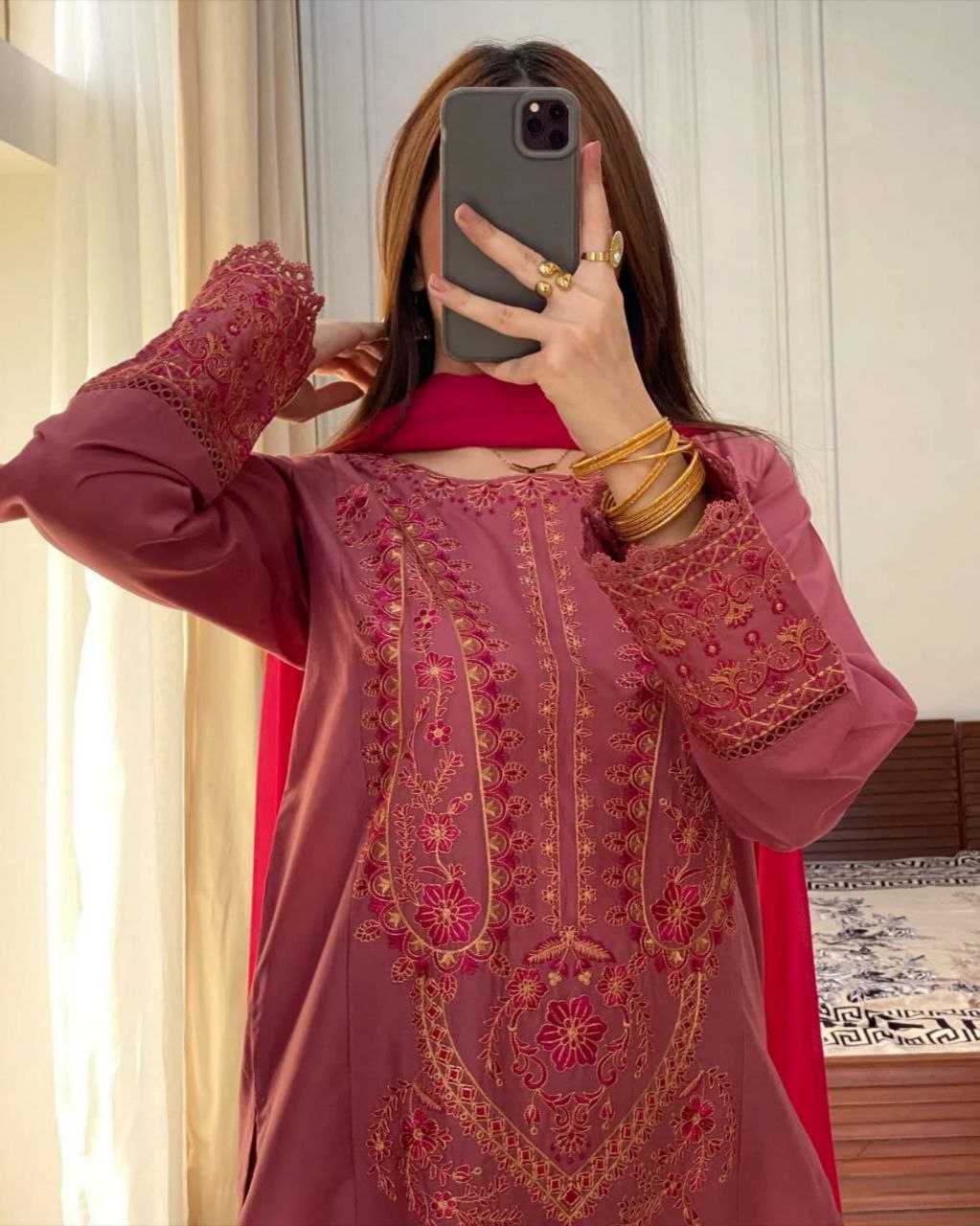 Ready To Wear Red Roman Silk Embroidery Work Pant Suit With Dupatta
