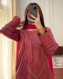 Ready To Wear Red Roman Silk Embroidery Work Pant Suit With Dupatta