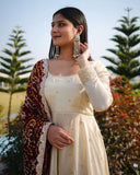 Ready To Wear Cream Chinon Silk Embroidery Work Anarkali Suit With Maroon Dupatta