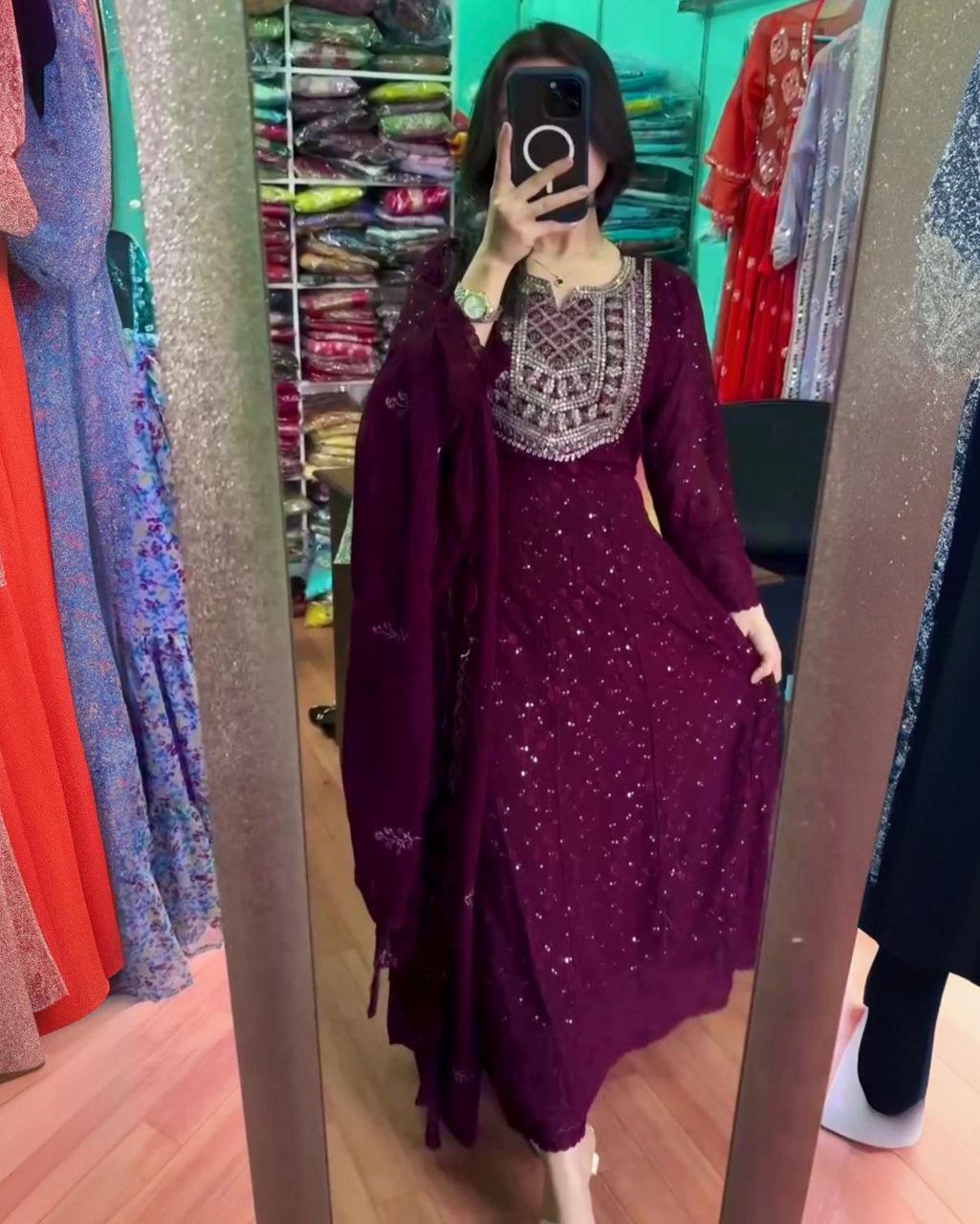 Ready To Wear Grape Soft Georgette Embroidery Work Anarkali Suit With Dupatta