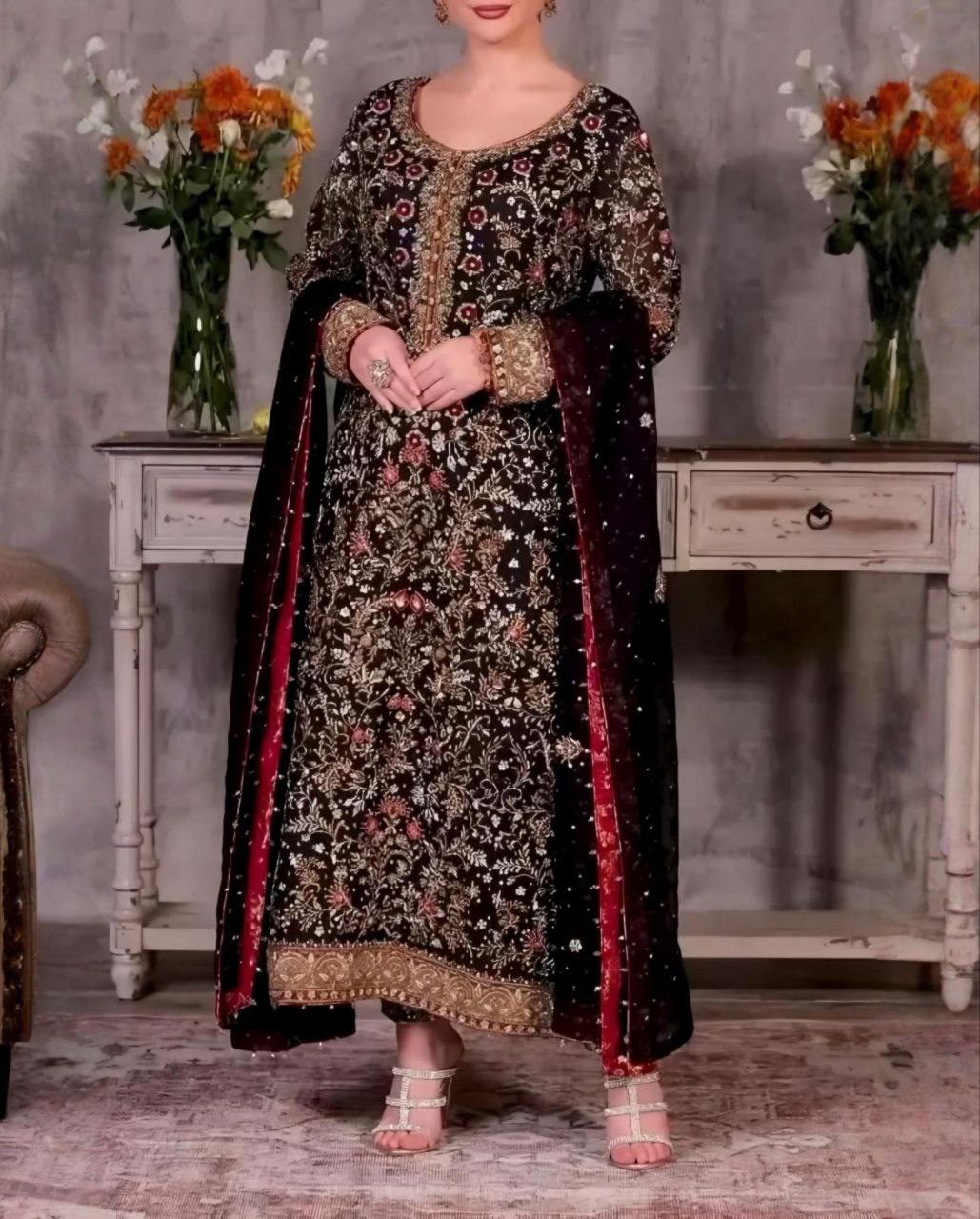 Ready To Wear Black Soft Georgette Embroidery Work Pakistani Suit With Dupatta