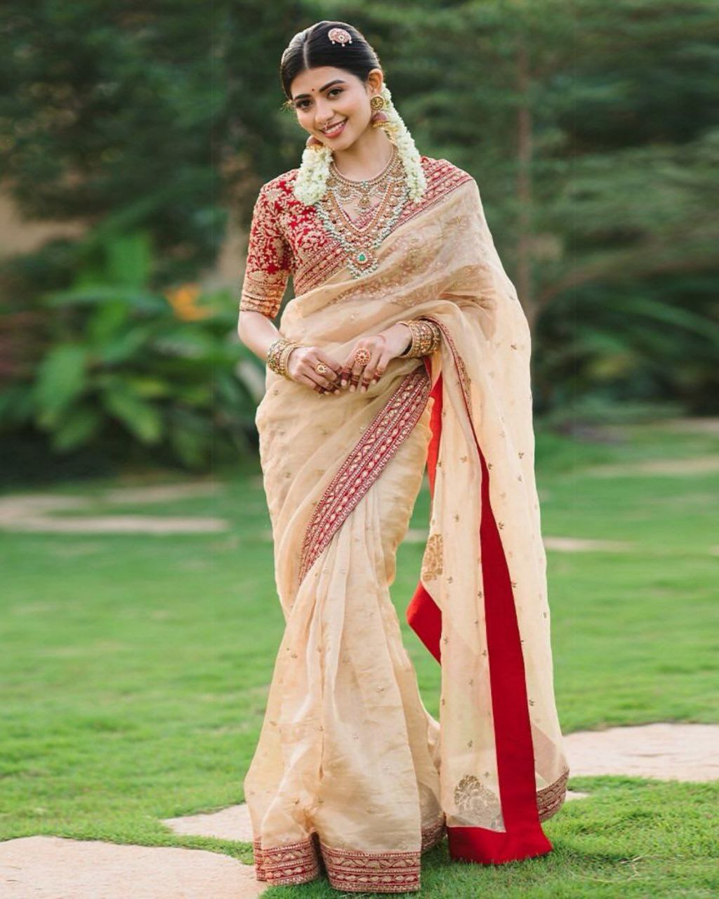 Ready To Wear Beige-Red Georgette Embroidery Work Saree With Blouse