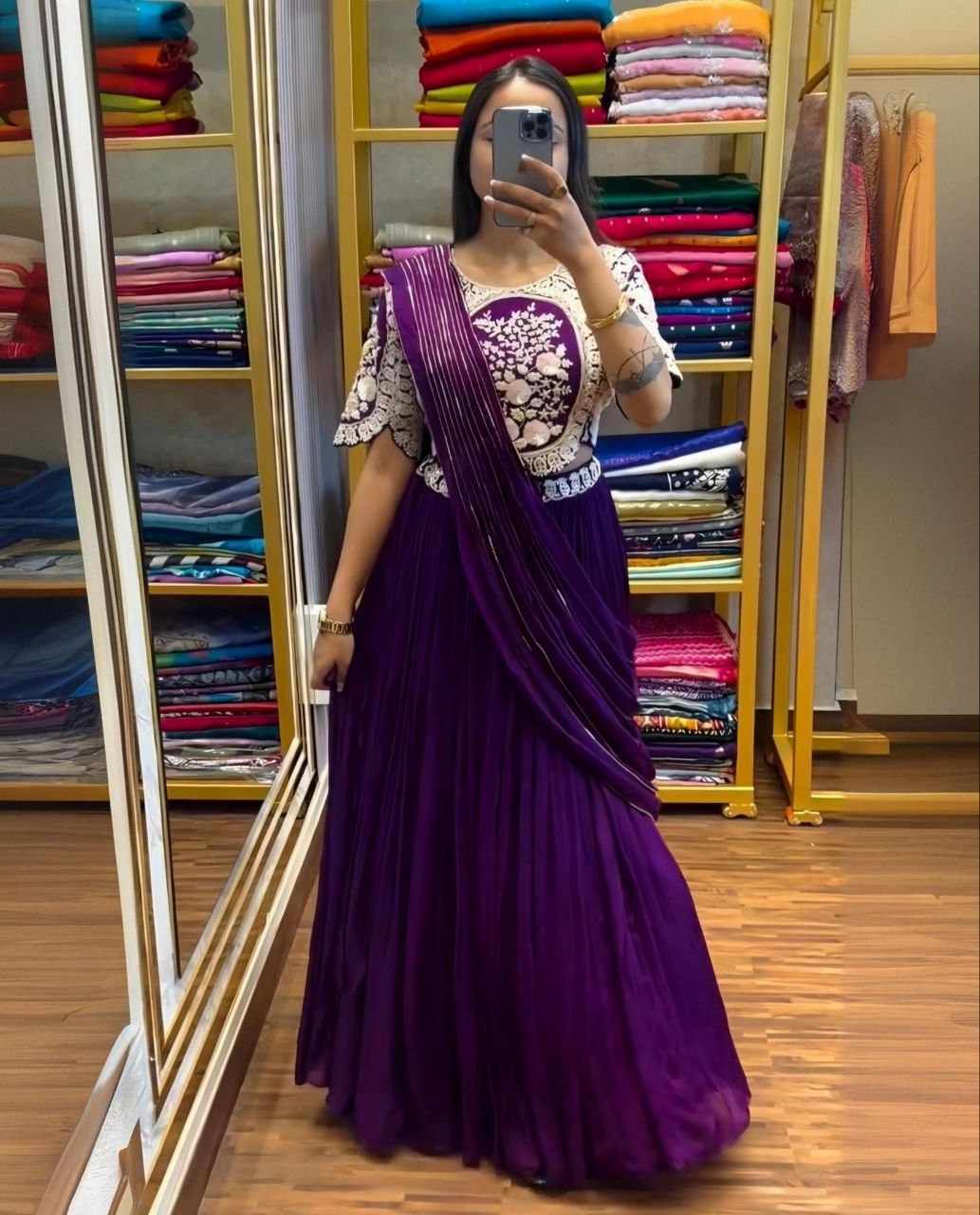 Ready To Wear Purple Soft Georgette Embroidery Work Lehenga Saree With Blouse