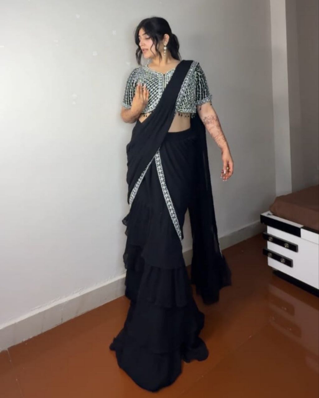 Ready To Wear Wine , Morpinch & Black Pure Georgette Embroidery Work Lehenga Saree With Blouse