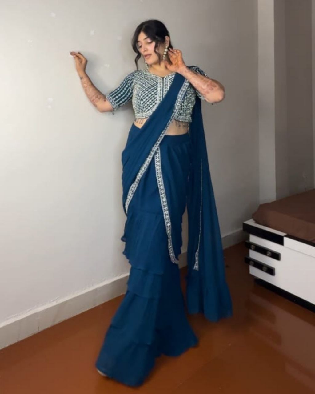 Ready To Wear Wine , Morpinch & Black Pure Georgette Embroidery Work Lehenga Saree With Blouse