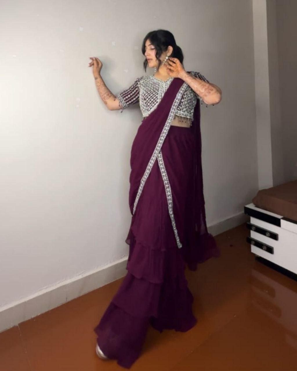 Ready To Wear Wine , Morpinch & Black Pure Georgette Embroidery Work Lehenga Saree With Blouse