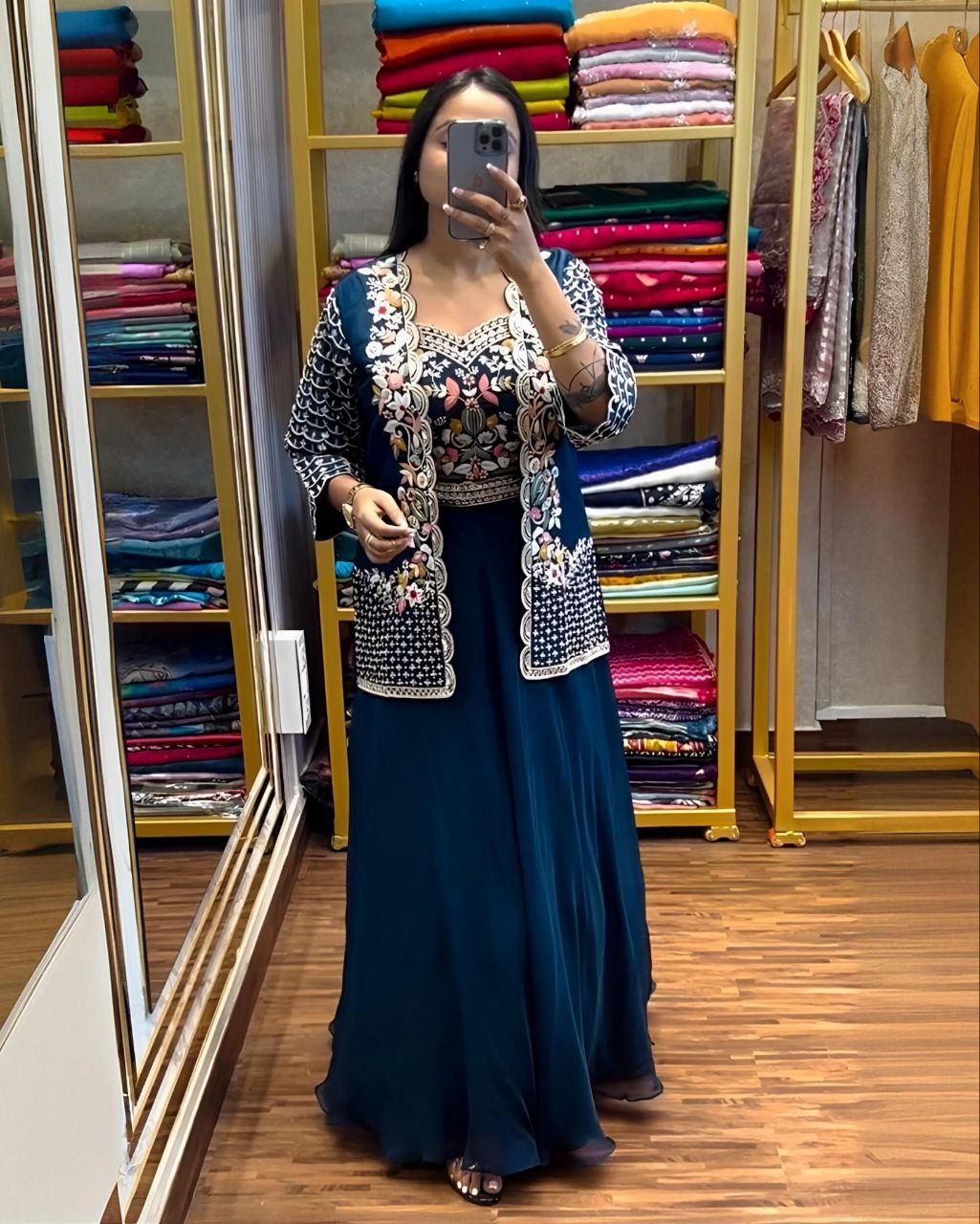 Ready To Wear Neavy Blue Silk Embroidery Work Skirt-Top With Koti