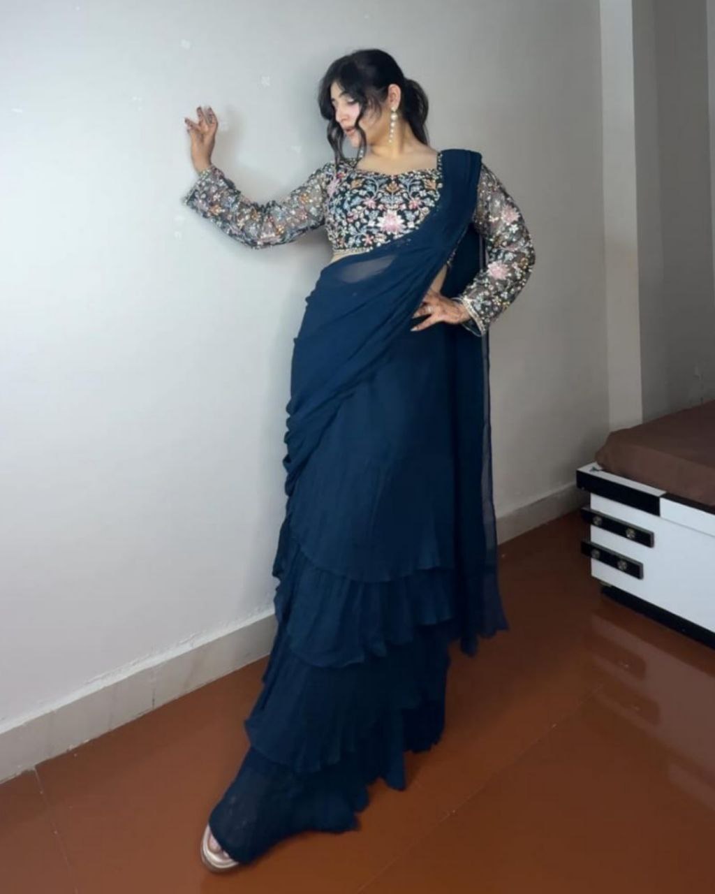 Ready To Wear Morpinch & Hot Pink Pure Georgette Embroidery Work Lehenga Saree With Blouse