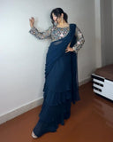 Ready To Wear Morpinch & Hot Pink Pure Georgette Embroidery Work Lehenga Saree With Blouse