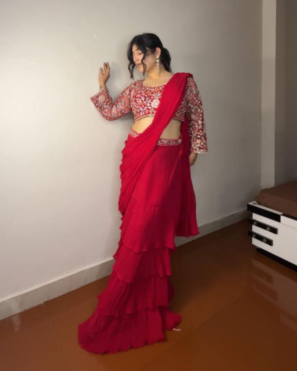 Ready To Wear Morpinch & Hot Pink Pure Georgette Embroidery Work Lehenga Saree With Blouse