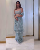 Ready To Wear Sky & Black Soft Georgette Embroidery Work Lehenga Saree With Blouse