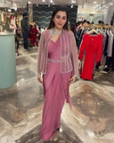 Ready To Wear Pink Heavy Net Embroidery Work Saree With Blouse And Koti