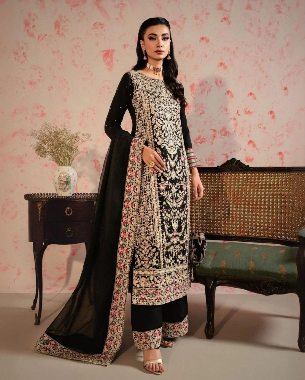 Ready To Wear Black Georgette Embroidery Work Pakistani Suit With Dupatta