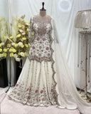 Ready To Wear White Chinon Silk Embroidery Work Sharara Suit With Dupatta