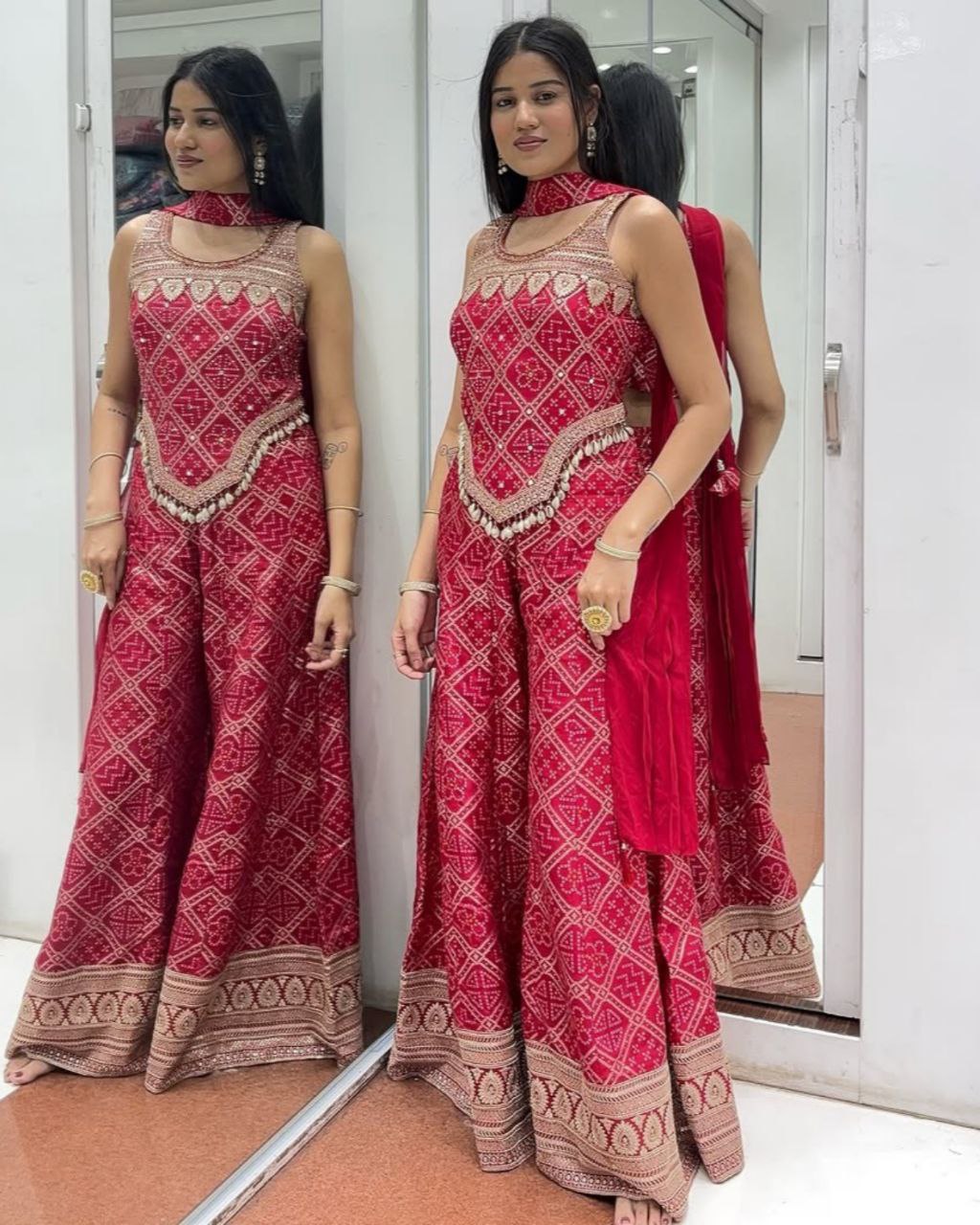 Ready To Wear Red Chinon Silk Bandhej Work Palazo-Top With Dupatta