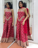 Ready To Wear Red Chinon Silk Bandhej Work Palazo-Top With Dupatta