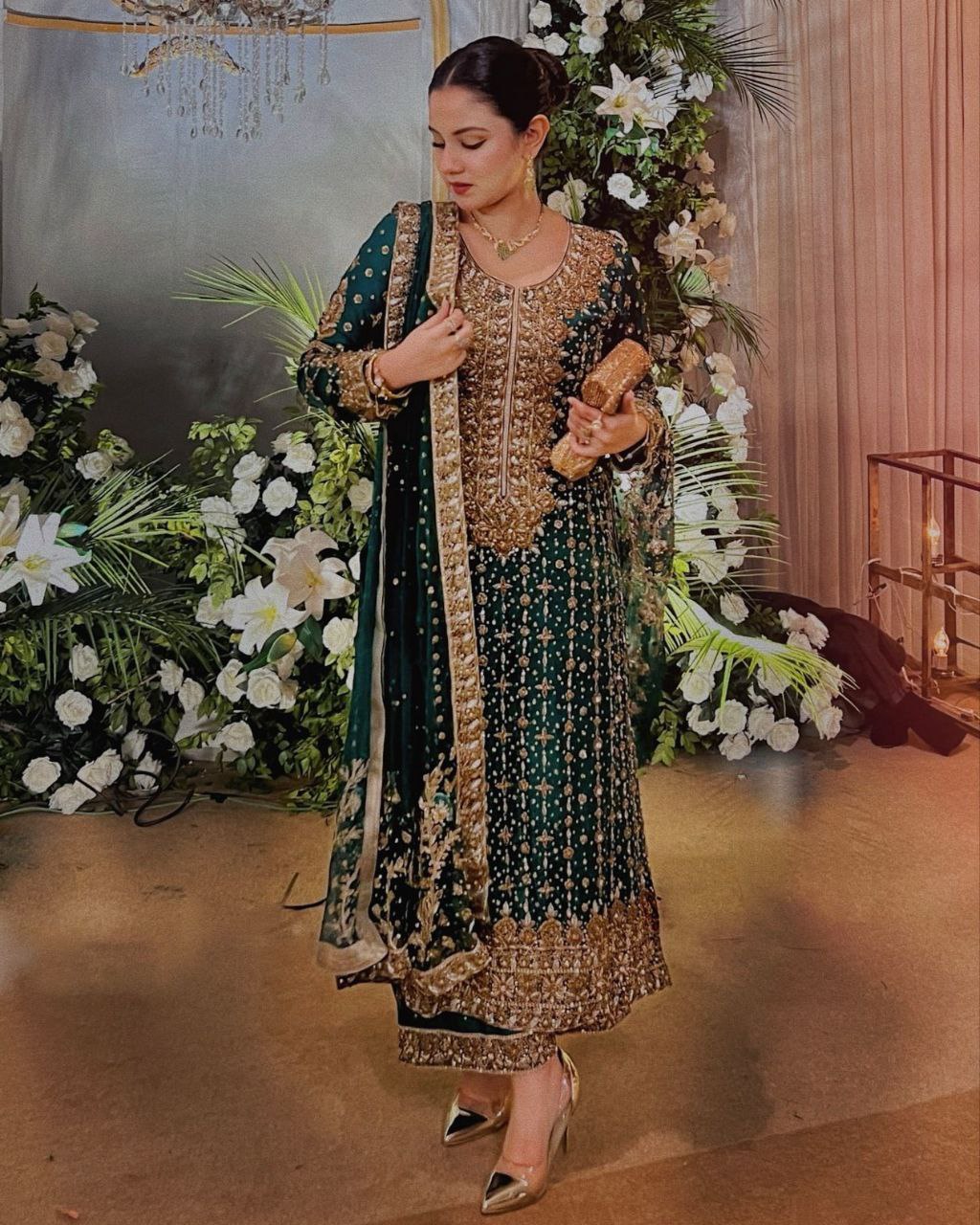 Ready To Wear Dark Green Jimmy Silk Embroidery Work Pakistani Suit With Dupatta