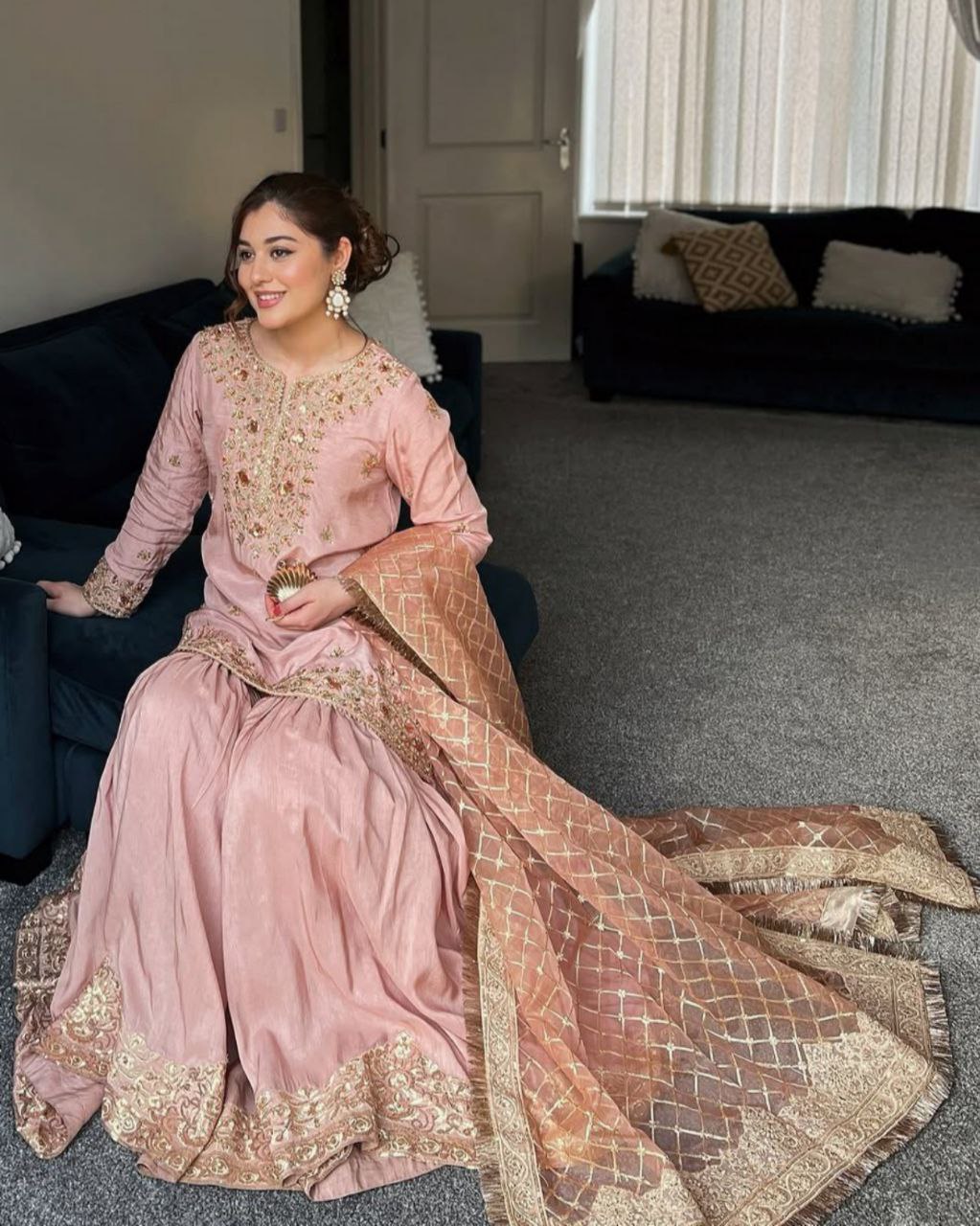 Ready To Wear Peach Chinon Silk Embroidery Work Gharara Suit With Dupatta