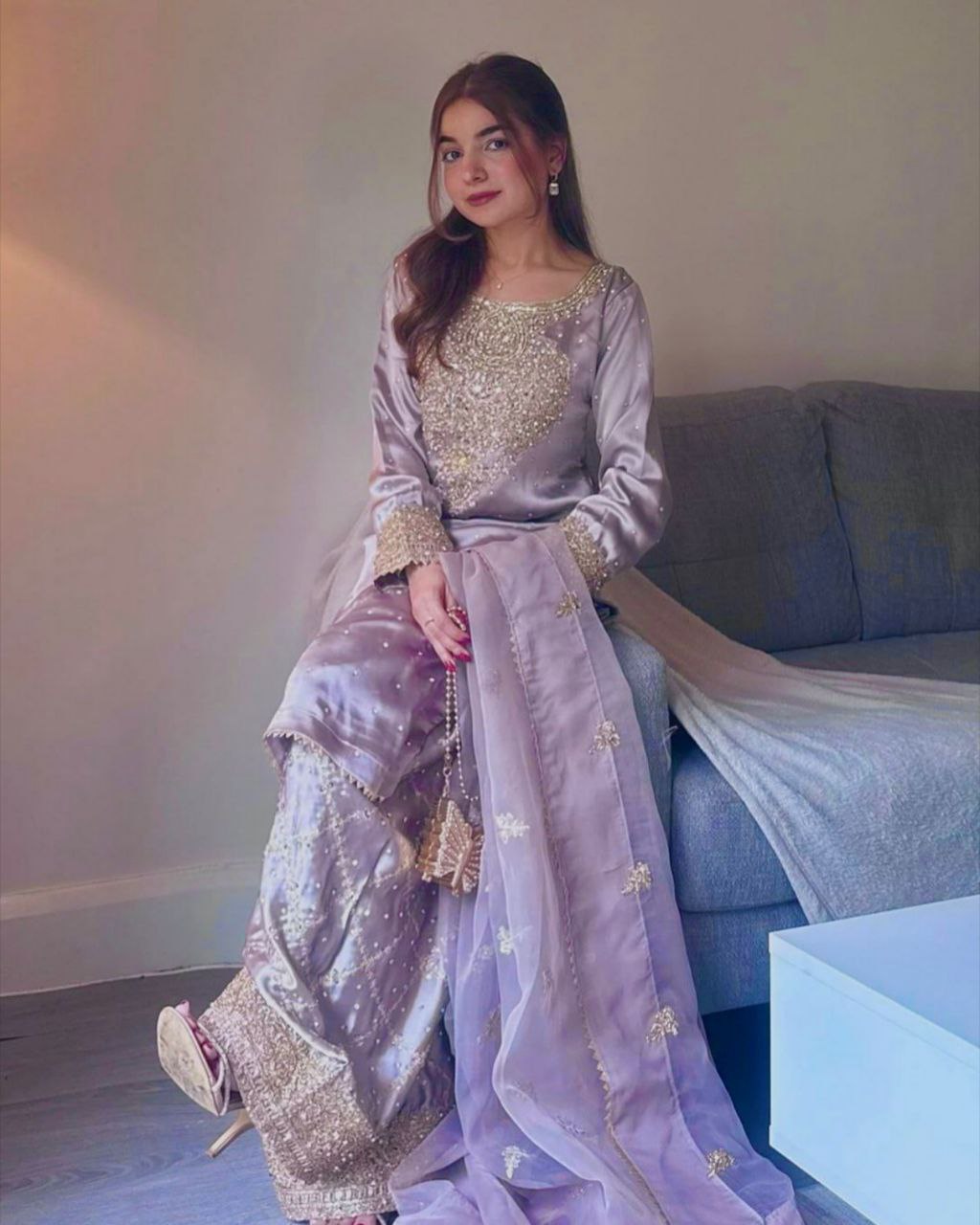 Ready To Wear Light Purple Crep Silk Embroidery Work Farshi Suit With Dupatta