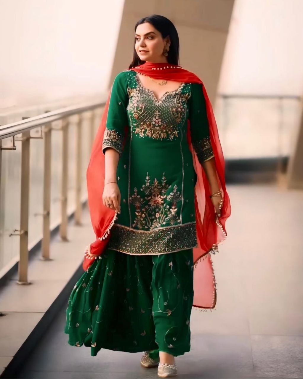 Ready To Wear Green Georgette Embroidery Work Gharara Suit With Red Dupatta