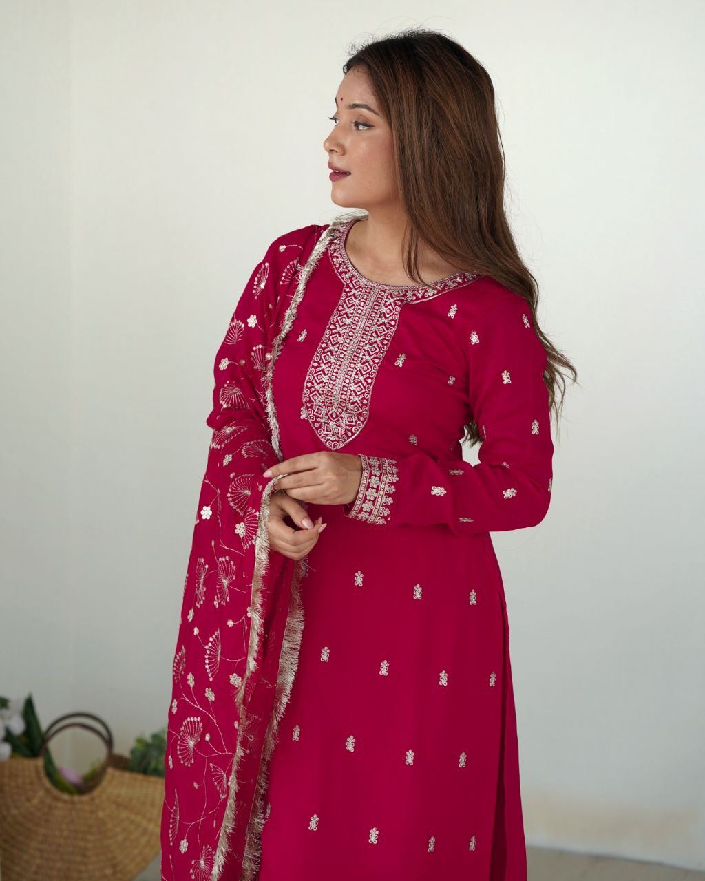 Ready To Wear Pink & Purple Pure Silk Embroidery Work Pant Suit With Dupatta