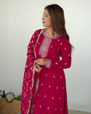 Ready To Wear Pink & Purple Pure Silk Embroidery Work Pant Suit With Dupatta