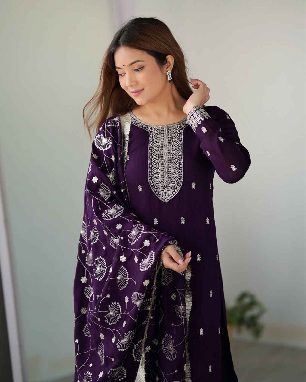 Ready To Wear Pink & Purple Pure Silk Embroidery Work Pant Suit With Dupatta