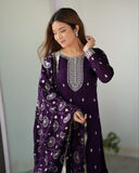 Ready To Wear Pink & Purple Pure Silk Embroidery Work Pant Suit With Dupatta