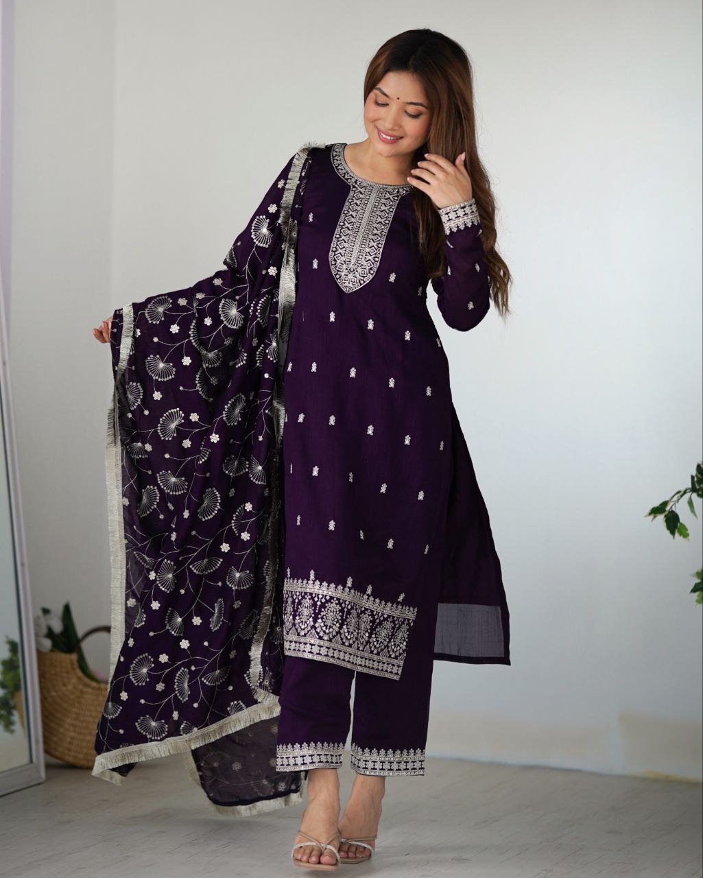 Ready To Wear Pink & Purple Pure Silk Embroidery Work Pant Suit With Dupatta