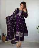 Ready To Wear Pink & Purple Pure Silk Embroidery Work Pant Suit With Dupatta