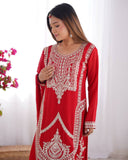 Ready To Wear Red Pure Silk Embroidery Work Pant Suit With Dupatta