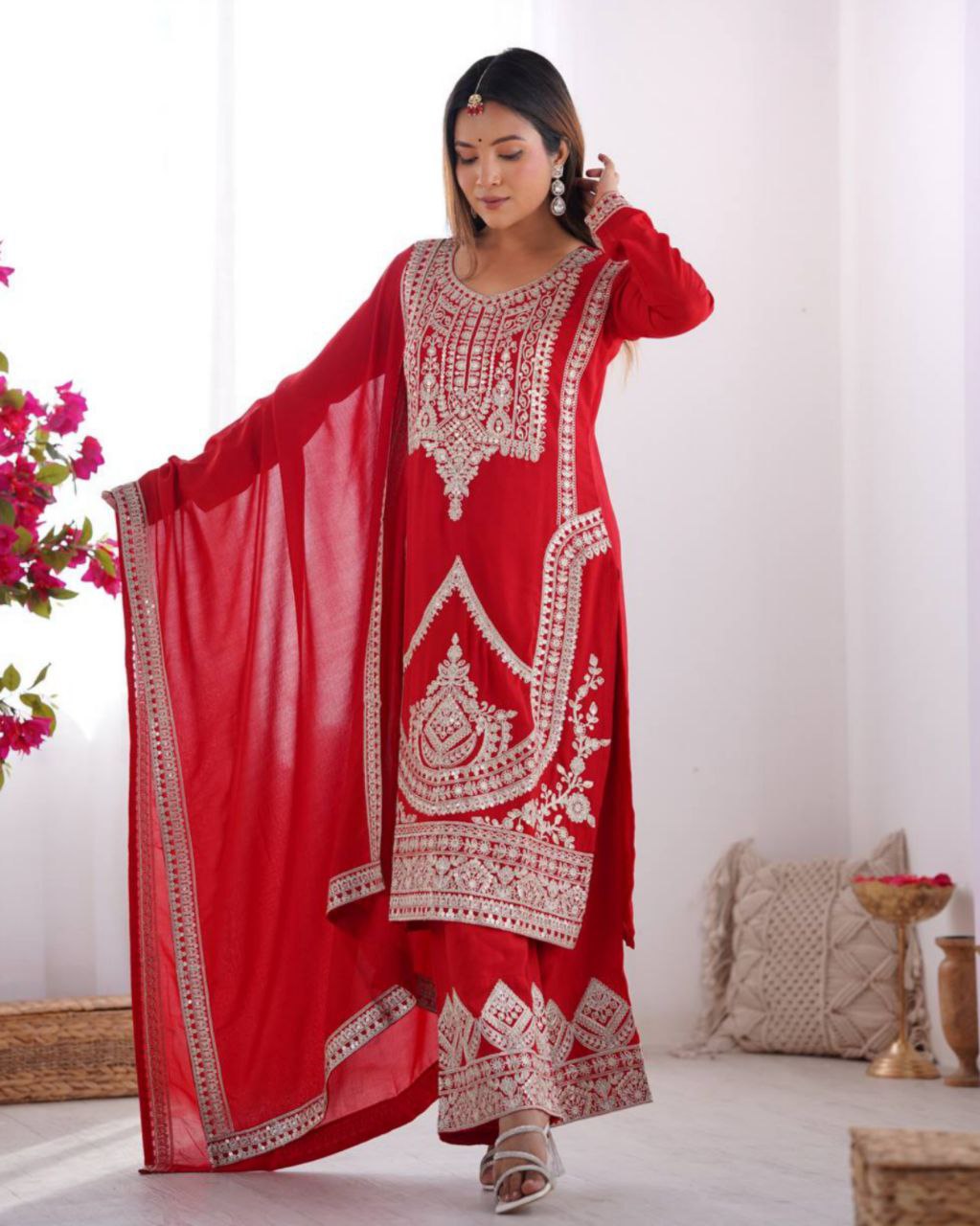 Ready To Wear Red Pure Silk Embroidery Work Pant Suit With Dupatta