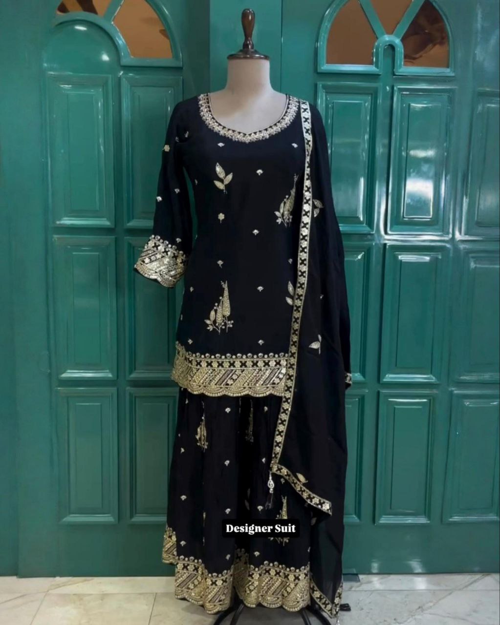 Ready To Wear Fanta & Black Chinon Silk Embroidery Work Sharara Suit With Dupatta