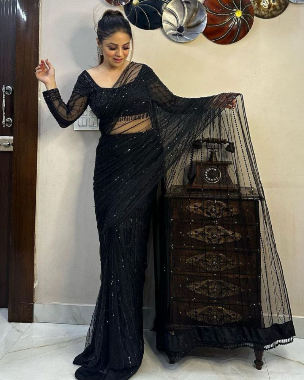 Exclusive Black Heavy Net Sequence Work Saree With Blouse