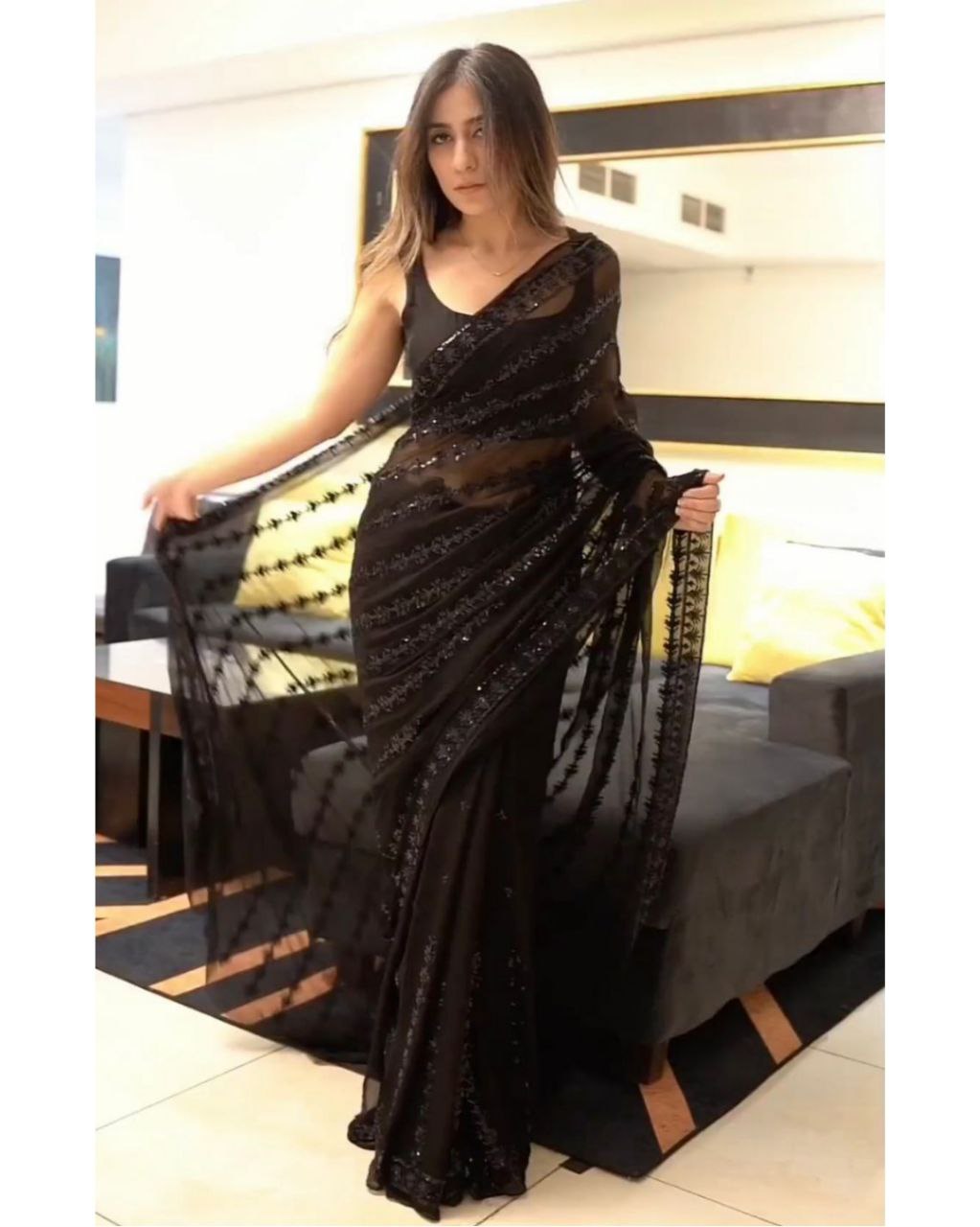 Ready To Wear Black Soft Net Sequence Work Saree With Blouse