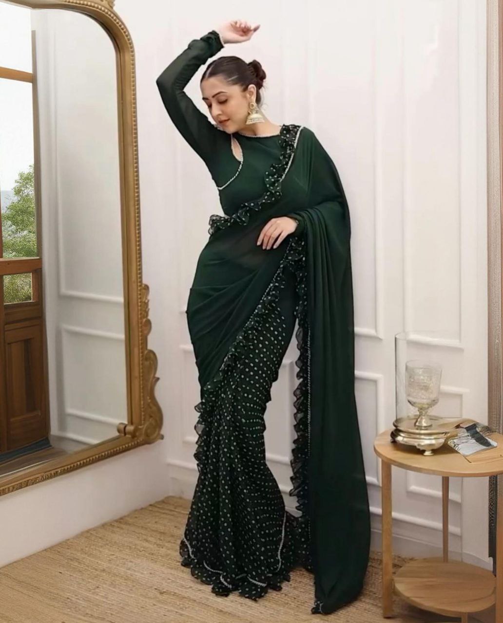 Ready To Wear Dark Green Soft Georgette Digital Printed Saree With Blouse