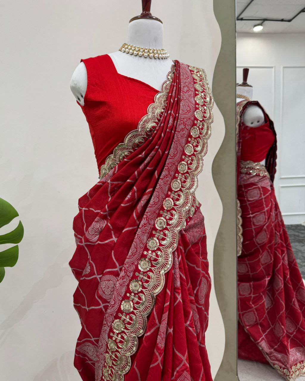 Exclusive Hot Red Kota Silk Embroidery Work Saree With Blouse