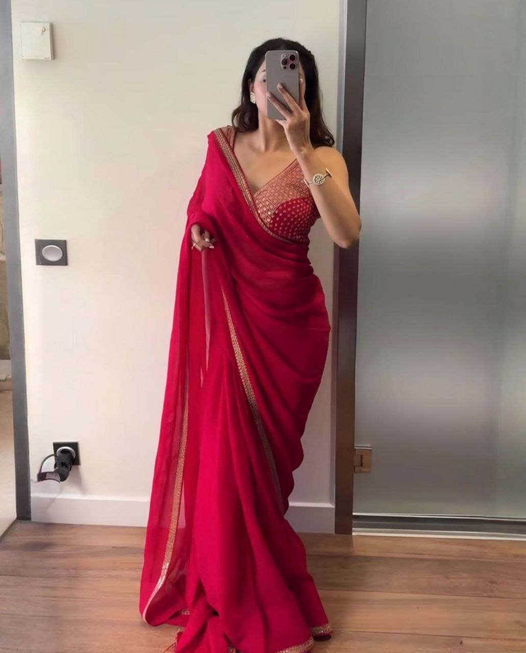 Ready To Wear Red Soft Georgette Embroidery Work Saree With Blouse