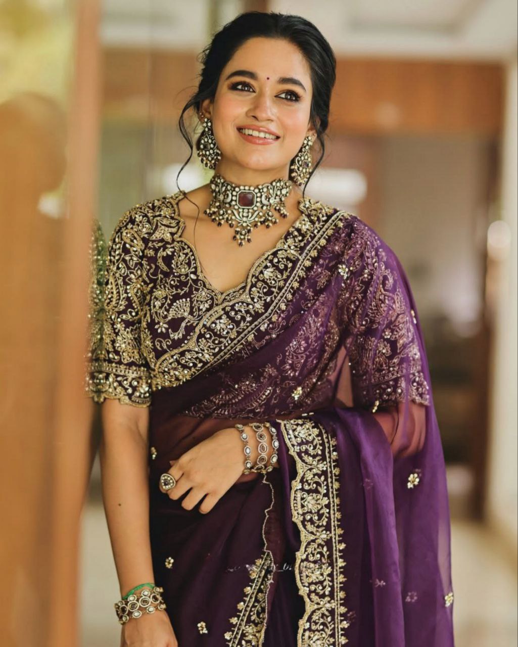 Ready To Wear Purple Organza Silk Embroidery Work Saree With Blouse