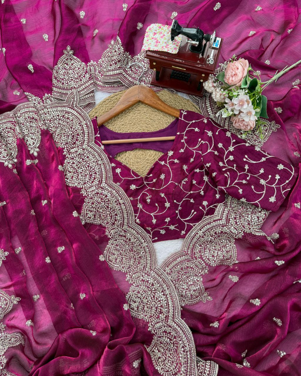 Exclusive Yellow & Pink Chiffon Silk Embroidery Work Saree With Blouse