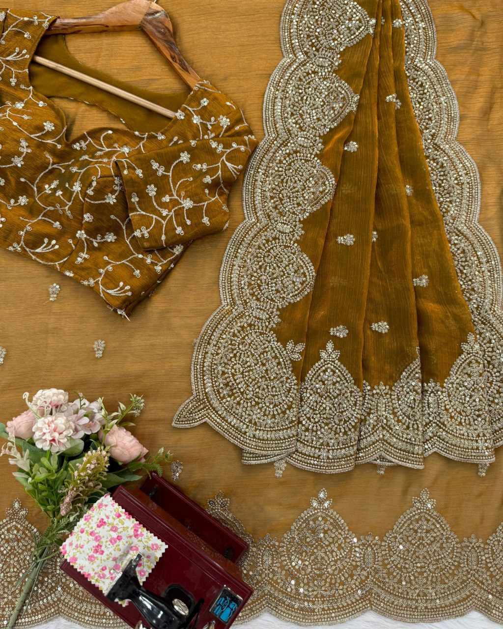 Exclusive Yellow & Pink Chiffon Silk Embroidery Work Saree With Blouse
