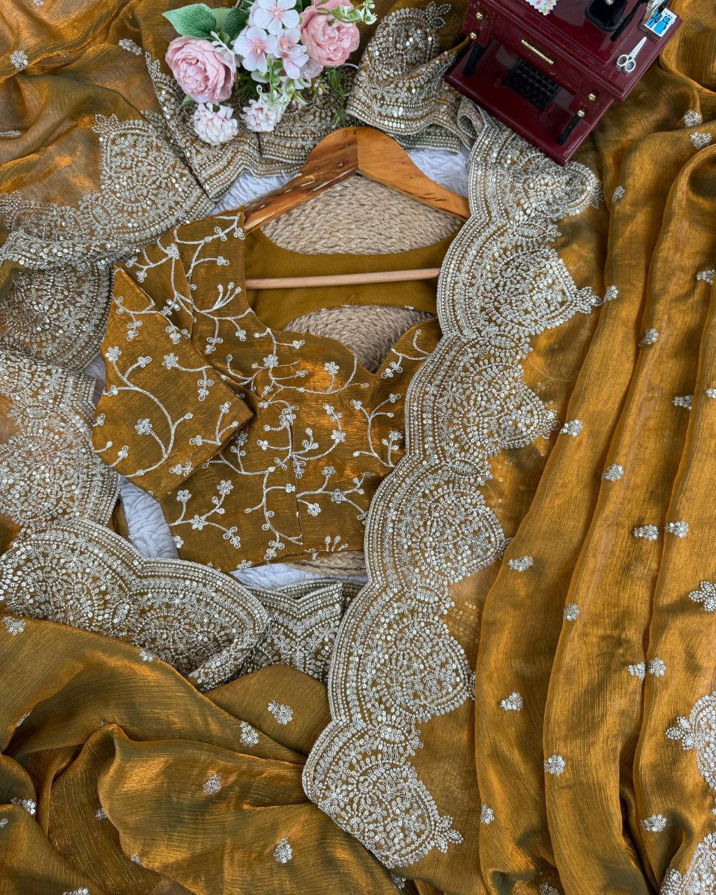 Exclusive Yellow & Pink Chiffon Silk Embroidery Work Saree With Blouse