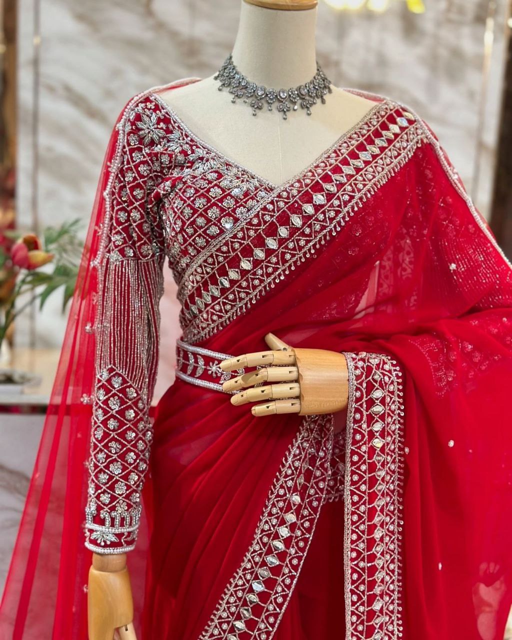 Exclusive Red Tibby Silk Sequence Work Saree With Blouse And Dupatta-Belt