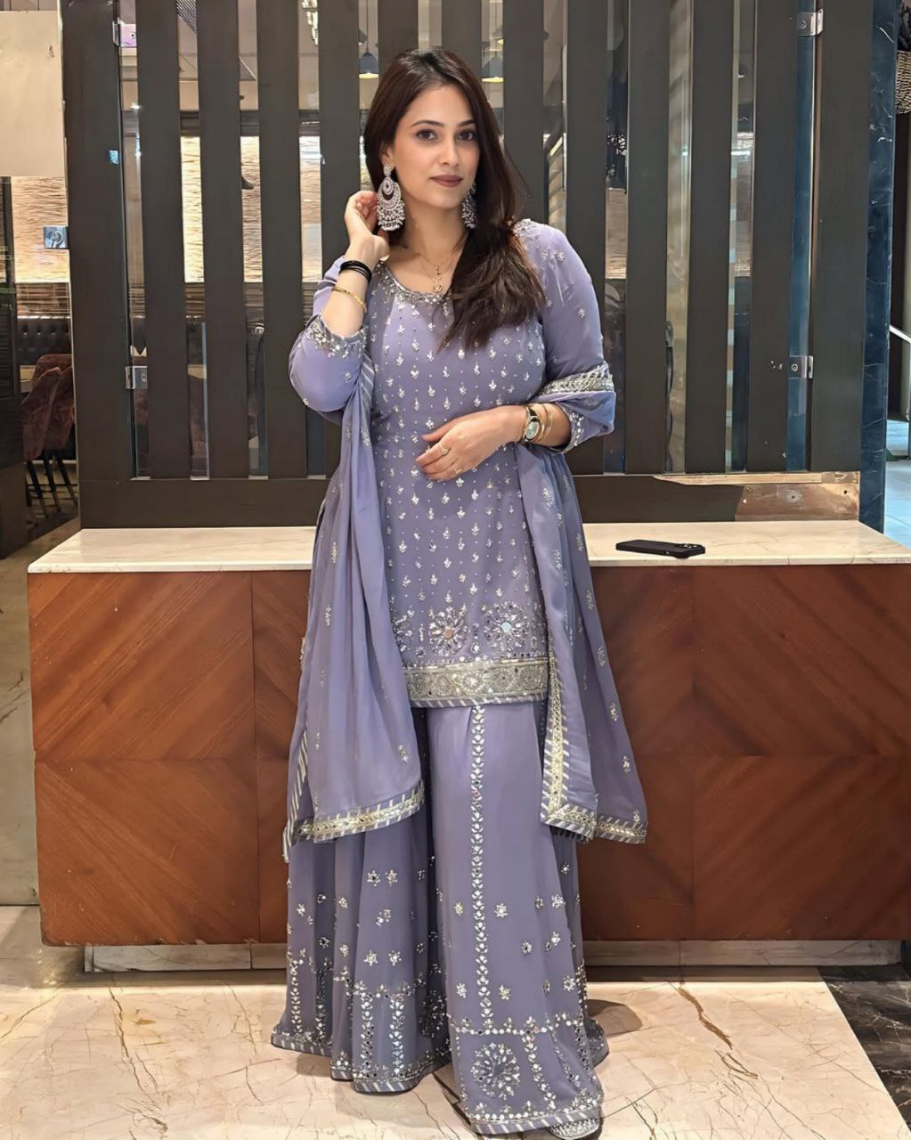 Ready To Wear Lilac Soft Georgette Embroidery Work Sharara Suit With Dupatta