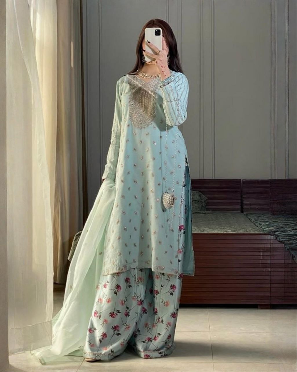 Ready To Wear Sky Soft Georgette Embroidery Work Palazo Suit With Dupatta