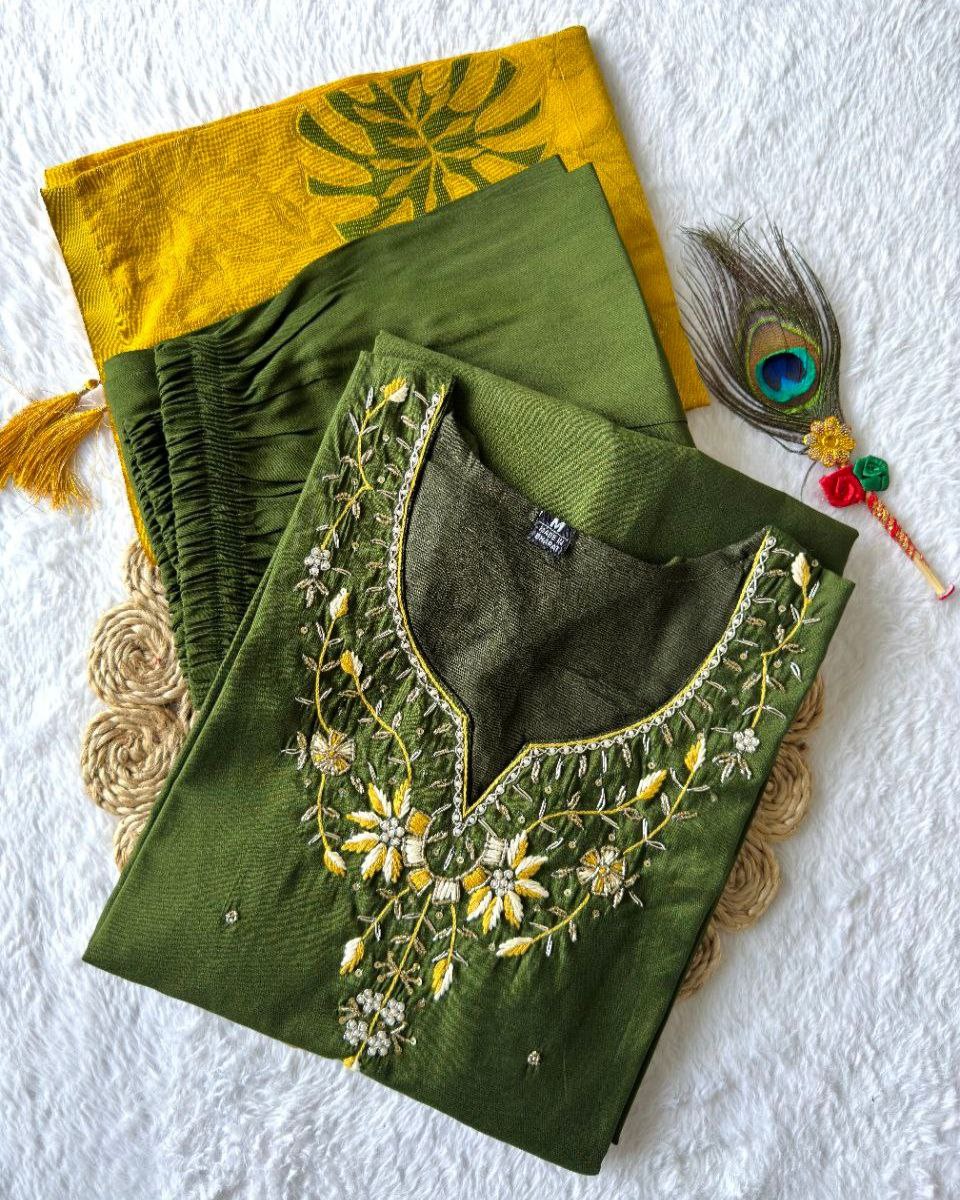 Exclusive Pink-Mehendi Roman Silk Hand Work Pant Suit With Dupatta