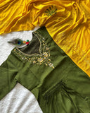 Exclusive Pink-Mehendi Roman Silk Hand Work Pant Suit With Dupatta